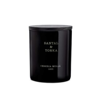 Santal & Tonka 230g Geurkaars– aromatische kaars in zwart glazen houder met nootachtige e en houtachtige tonen
